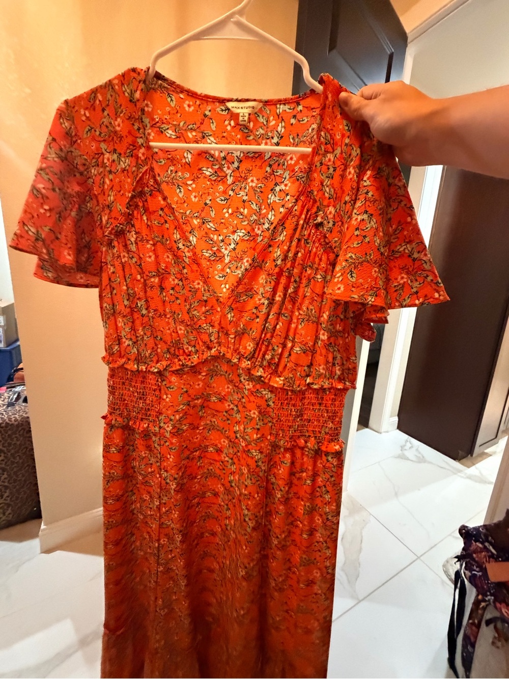 Max Studio Orange Floral Midi Dress with Ruffle V-Neck